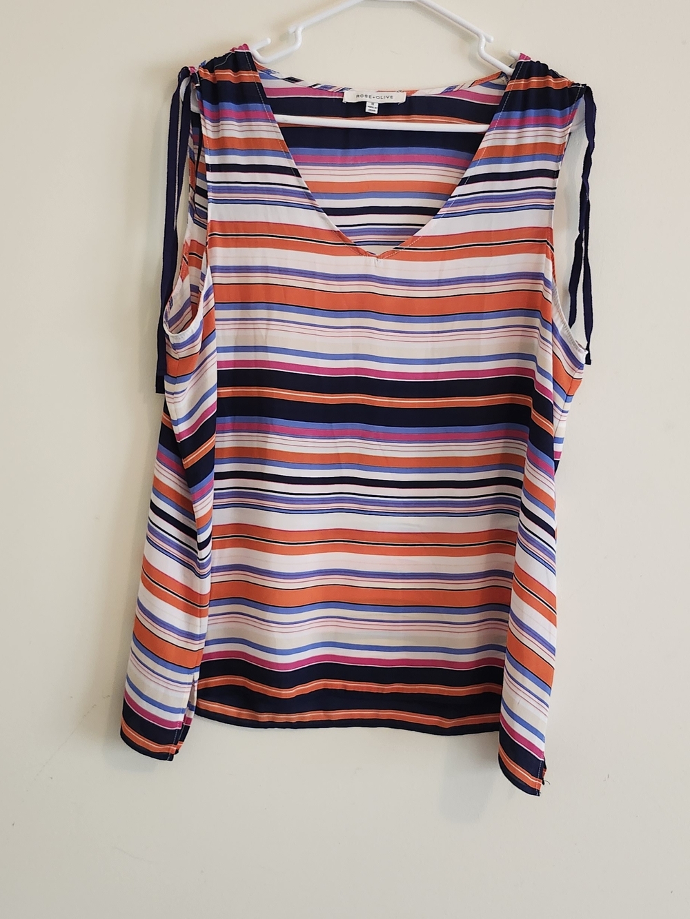 Summer Classic Rose & Olive Multicolor Striped V-Neck Tie-Shoulder Sleeveless
